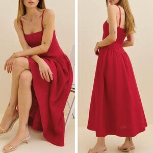 BEST Reformation Katarin Linen Midi Dress Sz2 Lipstick Red Sleeveless Cocktail